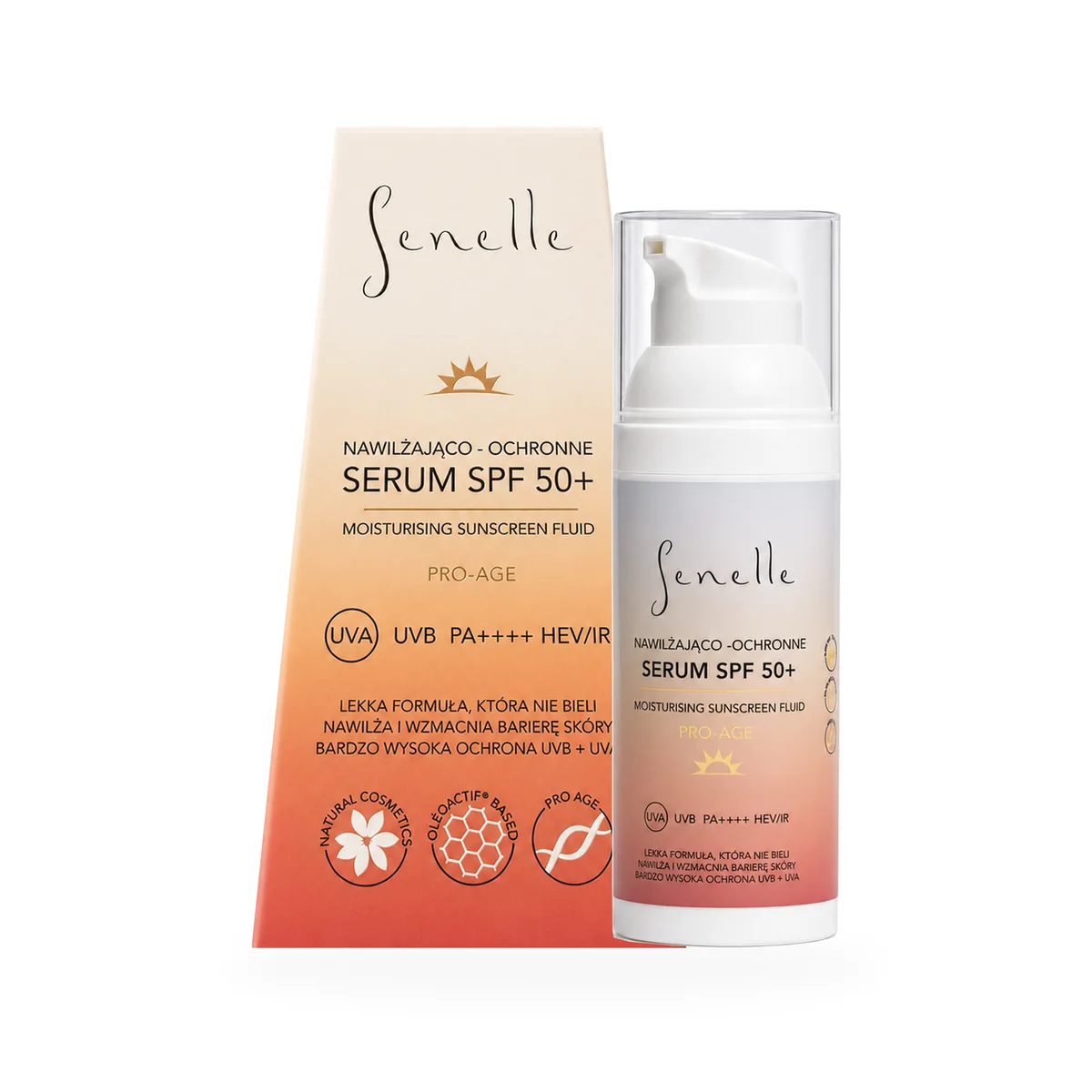 Butelka i kartonik Nawilżająco-Ochronnego Serum SPF 50+ Senelle