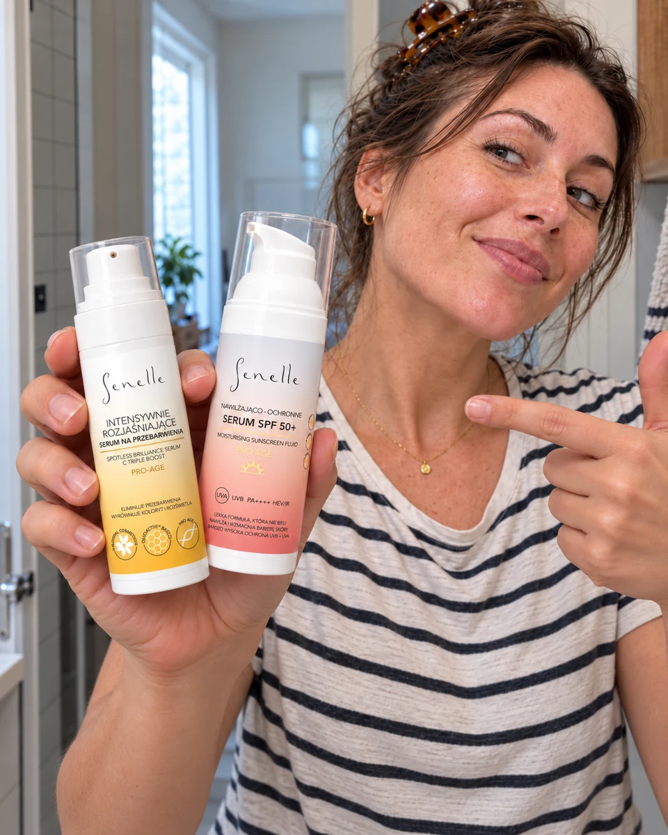 Serum na przebarwienia i serum SPF 50+ Senelle w porannej rutynie.